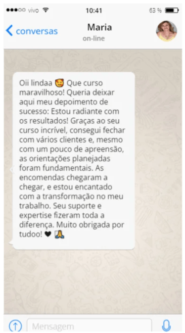 Depoimento de cliente satisfeita