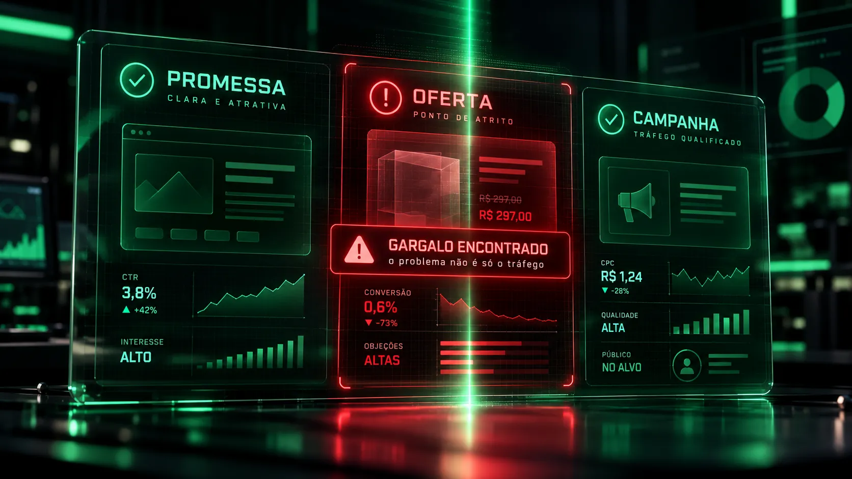 Painel com promessa, oferta e campanha mostrando o gargalo encontrado